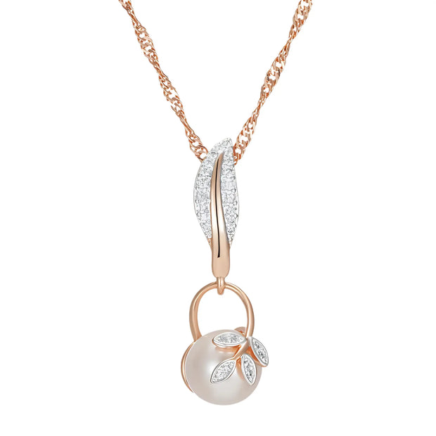 Front-facing view of the Crystal Flower Pearl Pendant Necklace highlighting its pearl and cubic zirconia details.