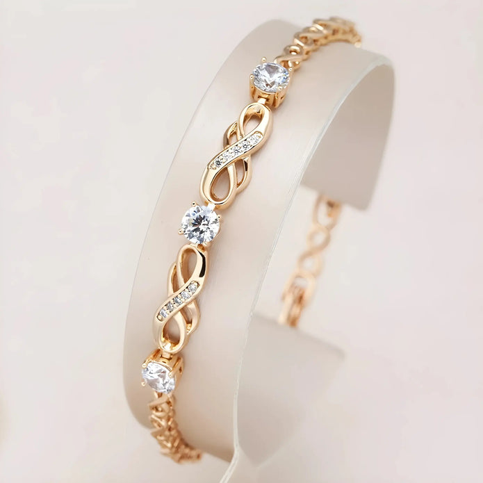 Side view of Rose Gold Sparkle Link Bracelet with infinity-inspired links and cubic zirconia accents.