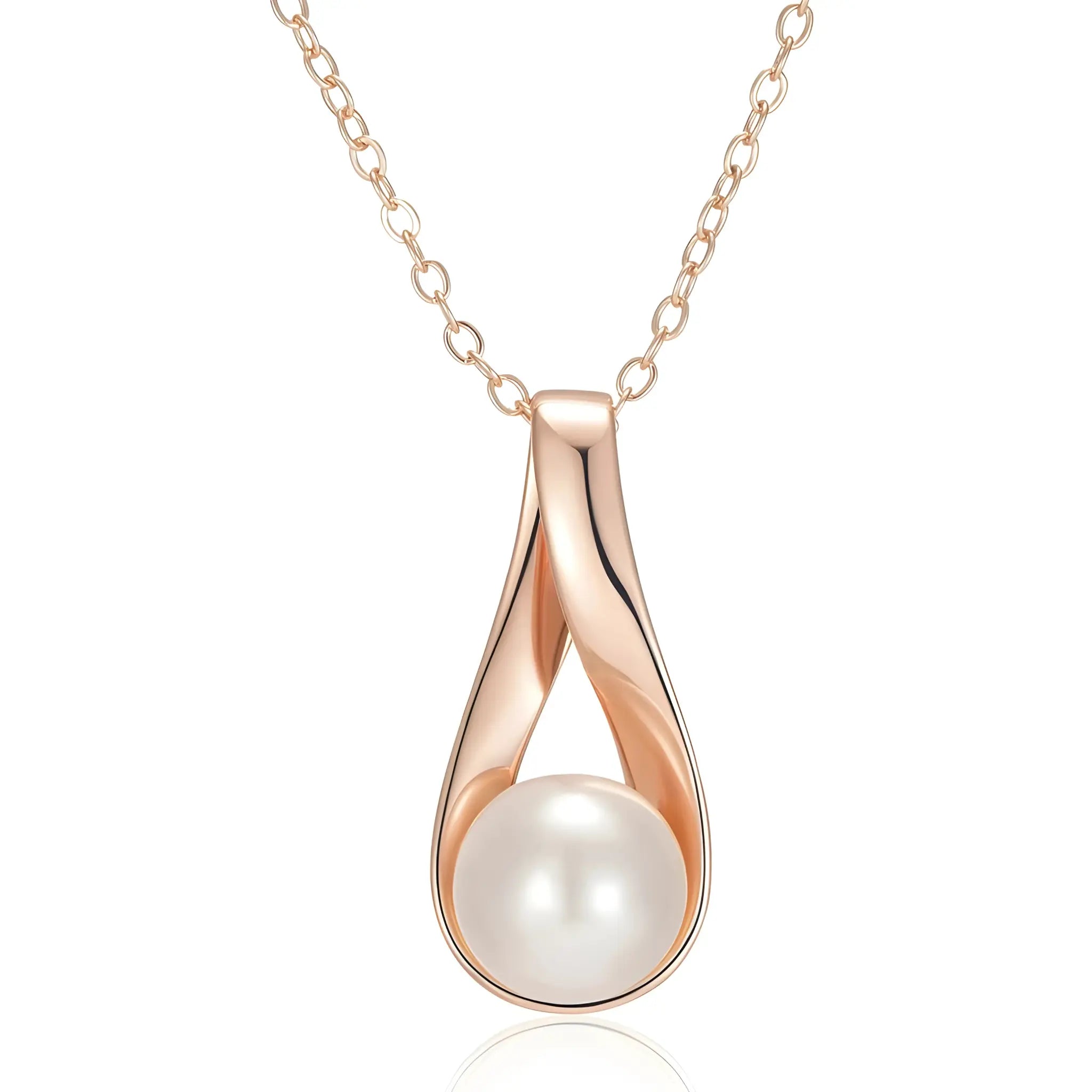 Rose gold necklace with a pearl pendant on a white background