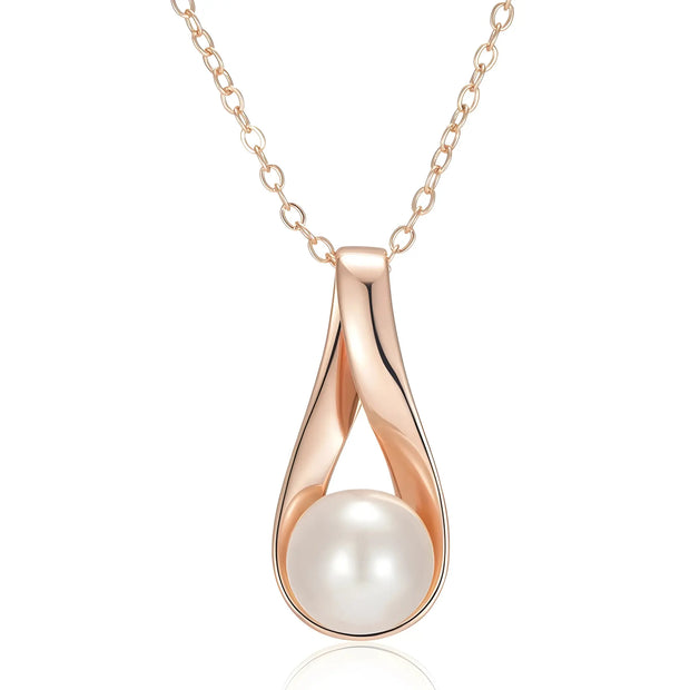 Rose gold necklace with a pearl pendant on a white background