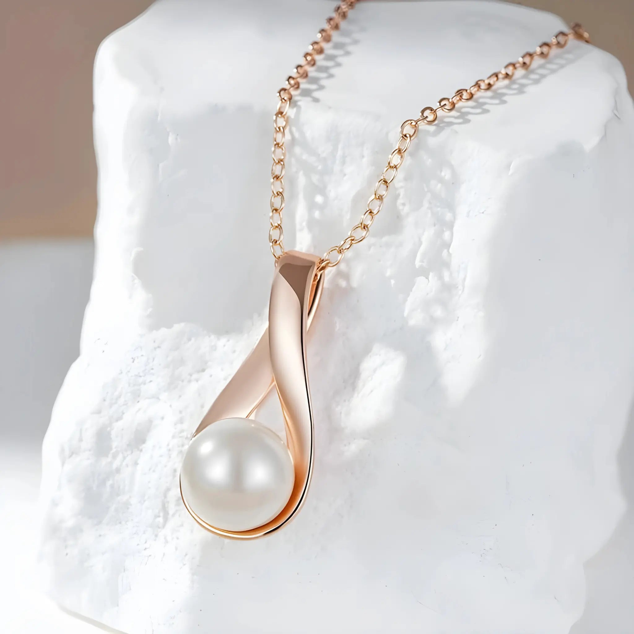 Rose gold necklace with a pearl pendant on a white rock.