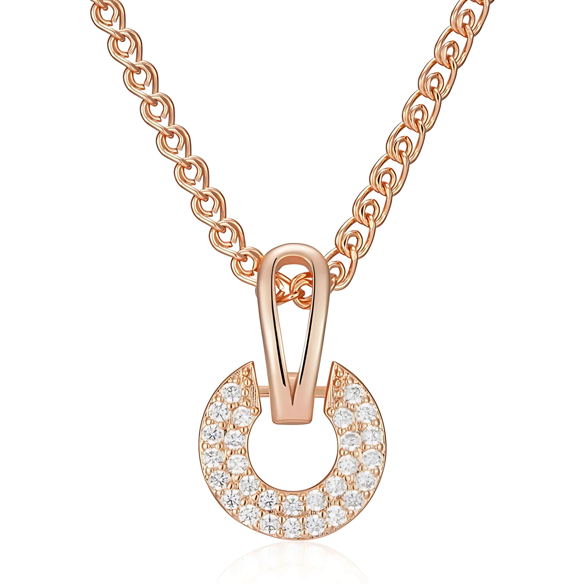 Rose gold necklace with a horseshoe-shaped pendant on a white background
