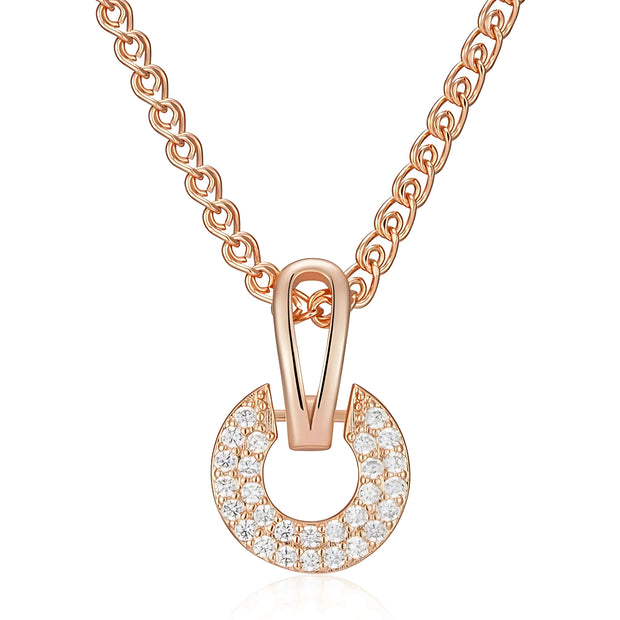 Rose gold necklace with a horseshoe-shaped pendant on a white background