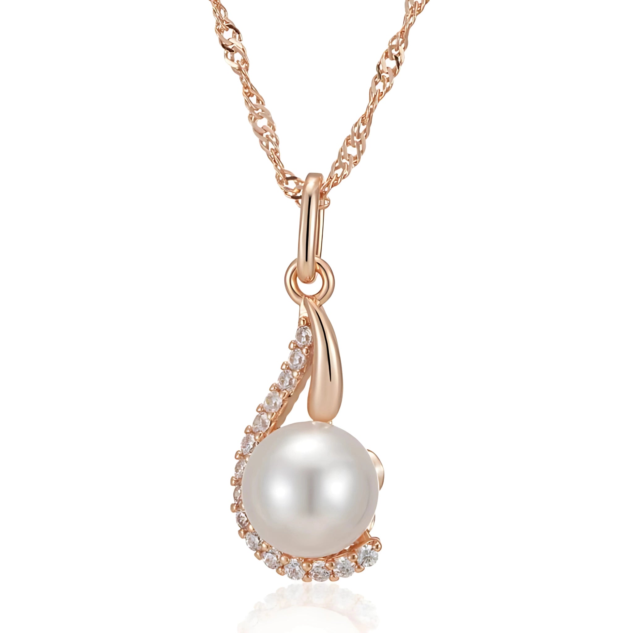 Pearl necklace with rose gold chain and clasp on a white background