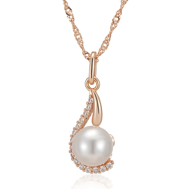 Pearl necklace with rose gold chain and clasp on a white background