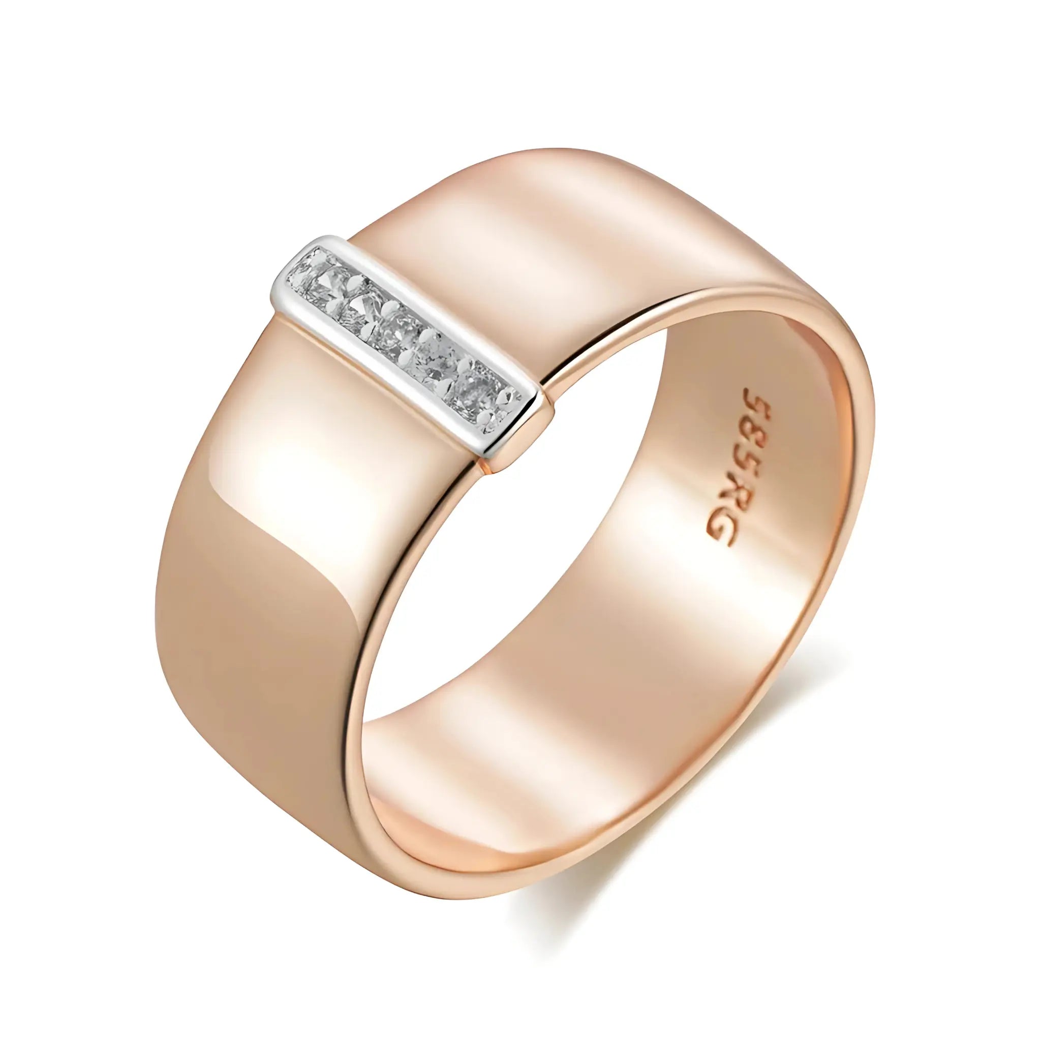 Rose gold ring with diamond accents on a white background